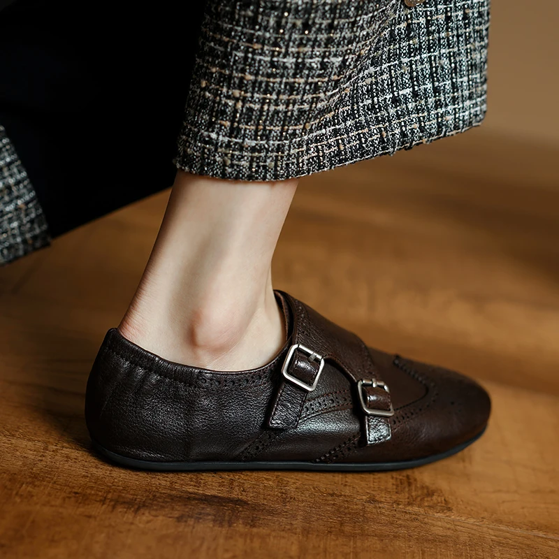 الرجعية المتسكعون النساء حقيقية جلد البقر مشبك الديكور جولة تو الشقق الانزلاق على أحذية السيدات اليدوية