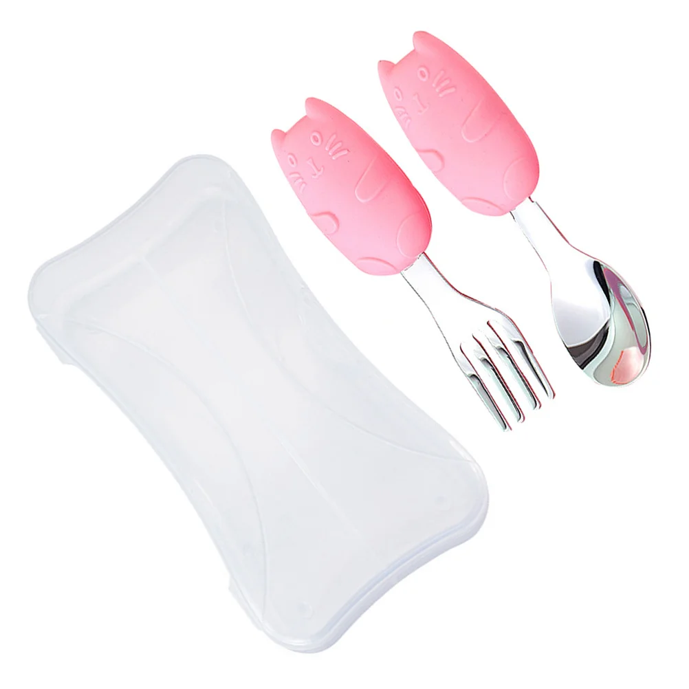 

1Set Toddler Training Tableware Child Fork Spoon Set Cartoon Cat Pattern Safe Smooth Surfaces Storage Box Short-Handled Spoon