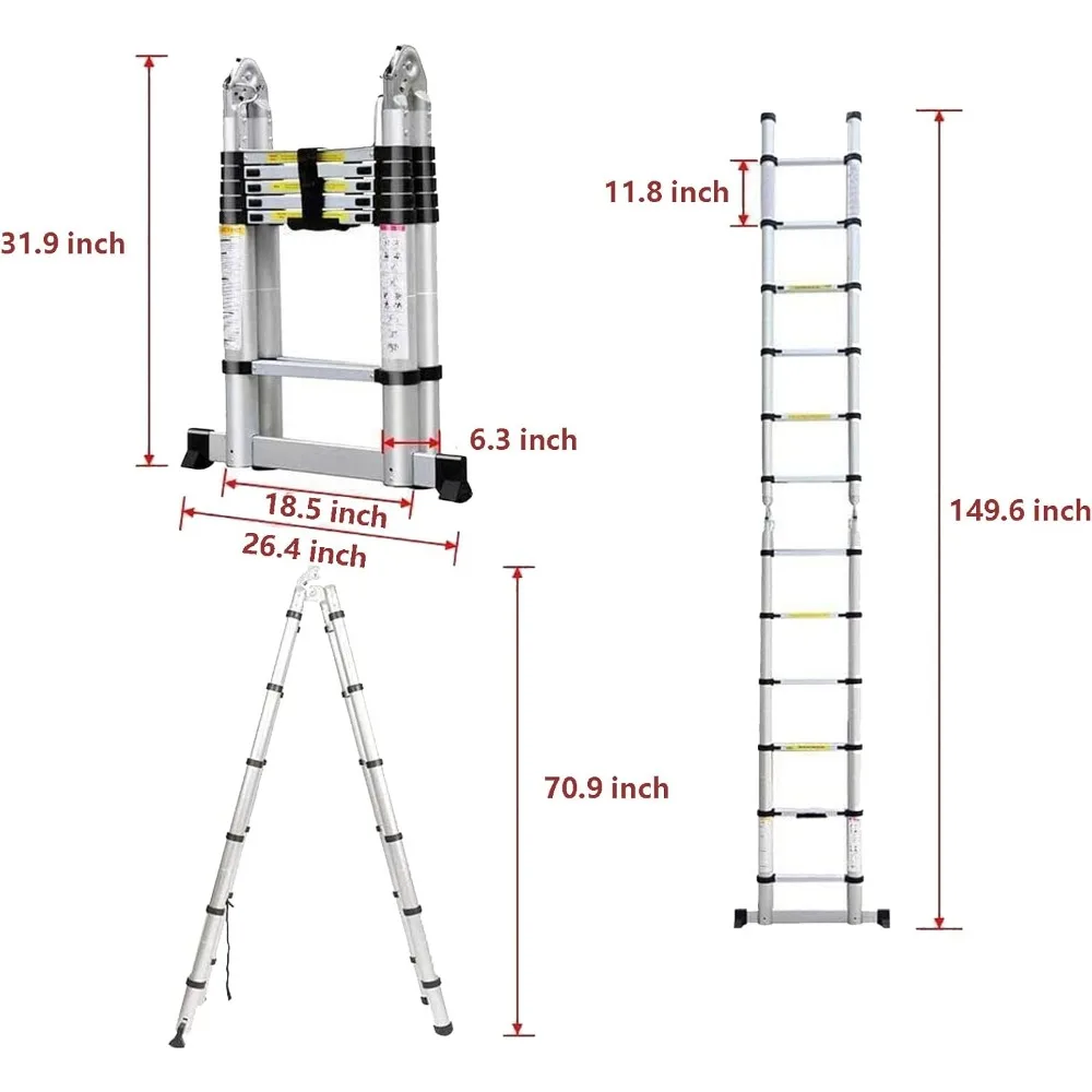 سلم ألومنيوم متعدد الأغراض بطول 12.5 قدم مع قضيب تثبيت، سعة 330 رطل، شديد التحمل للاستخدامات المختلفة #3