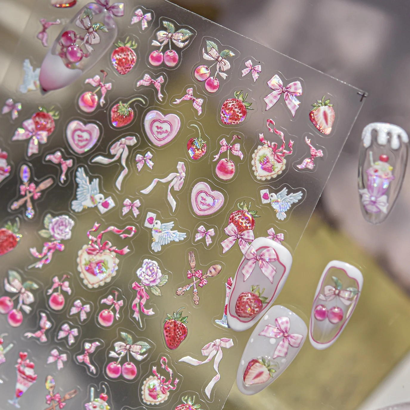 Mooie rode appel kawaii kat luipaard ster kant strik lint aardbei kersen roze hart roos nail art stickers manicure stickers