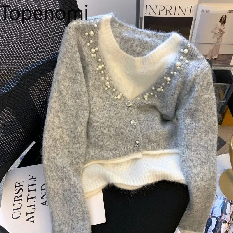 Topenomi Beading Fake Two Pieces Sweater Women Autumn Winter Fashion Long Sleeve Knitted Pullover Casual Design Sueter Mujer