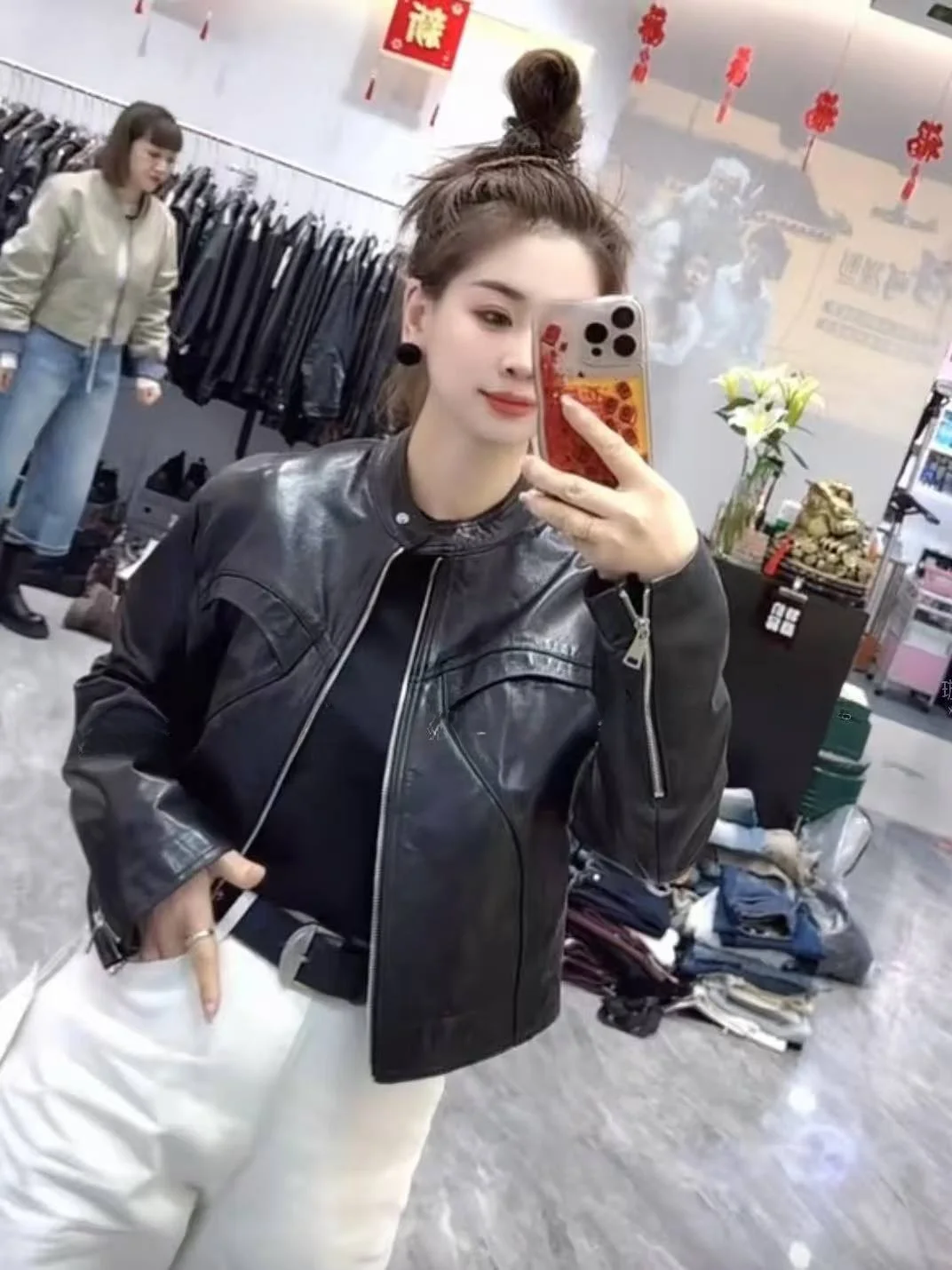 

2026 New Sle Women's eepskin Leather Jaet ort Biker Coat Slimming Top Faionable Commute Wind with kets Long Sve