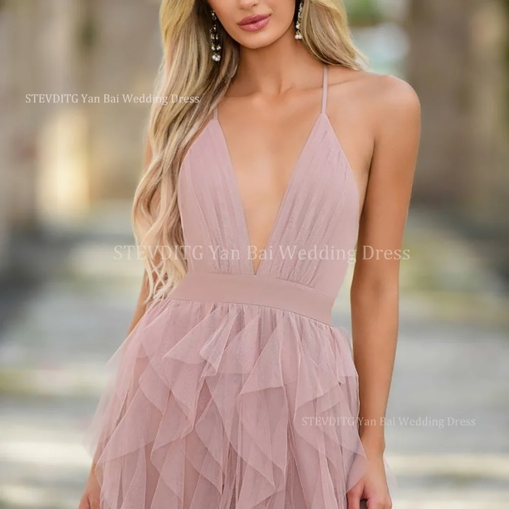 여성을위한 섹시한 깊은 v 넥 댄스 파티 드레스 민소매 백리스 계층 바닥 길이 a 라인 드레스 공식 행사 칵테일 파티 가운