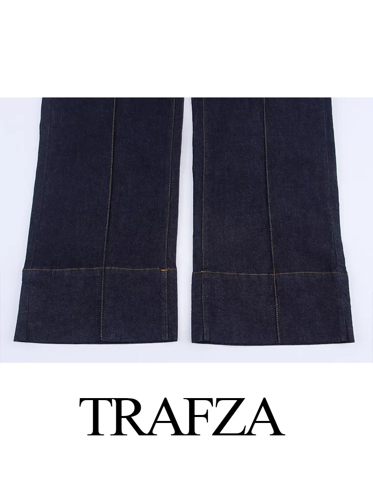 

TRAFZA Summer Women Elegant Lapel Puff Sleeve Single-breasted Denim Shirts+Slim Zipper Elastic Waist Bell-bottoms 2-Piece Set