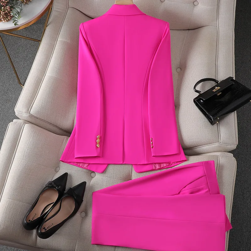 Fashion Office Ladies Formal Pant Suit Set Women Blue Pink Yellow Female Business Work Wear 2 Piece Blazer Jacket And Trouser