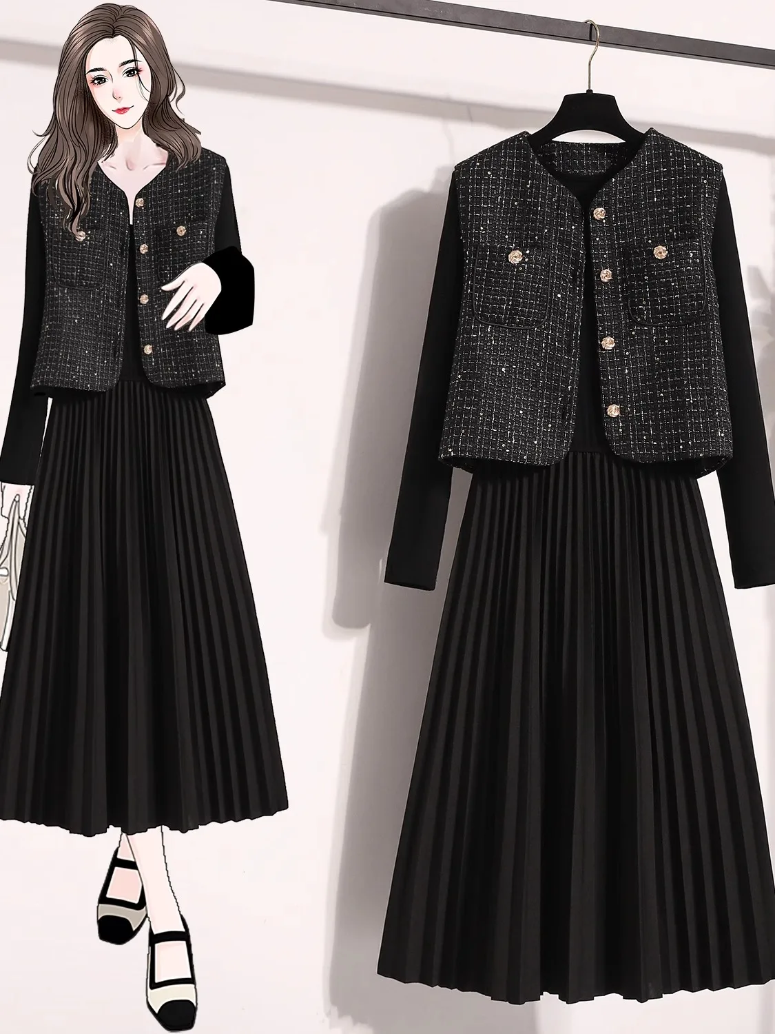 

plus Size Women's Fashion Set Sparkling Slimming V-Neck Long Sleeve Two-Piece Suit Elegant Style Perfect for Spring
