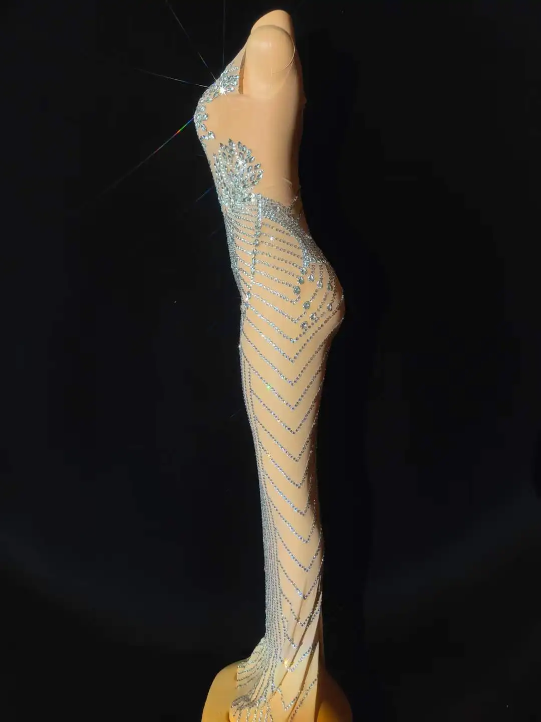 Damska sukienka bez rękawów z błyszczącymi kryształkami, prześwitująca, błyszcząca sukienka na przyjęcie urodzinowe Queen Stage Wear wieczorowy bal 2025