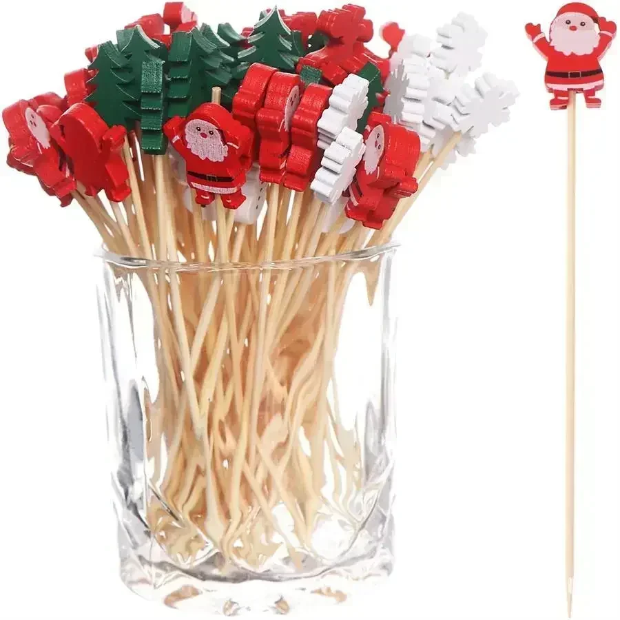 50Pcs Disposable Christmas Bamboo Sticks Creative Santa Claus Xmas Tree Decor Fruit Toothpicks for Cake Dessert Salad Party