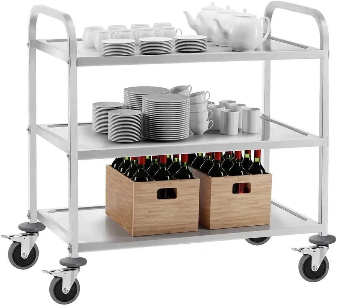 Stainless Steel 3 Shelf Utility Service Cart 37.4x19.7x37.4 Inch Kitchen Island Trolley 360°Rotation Catering Storage Cart with