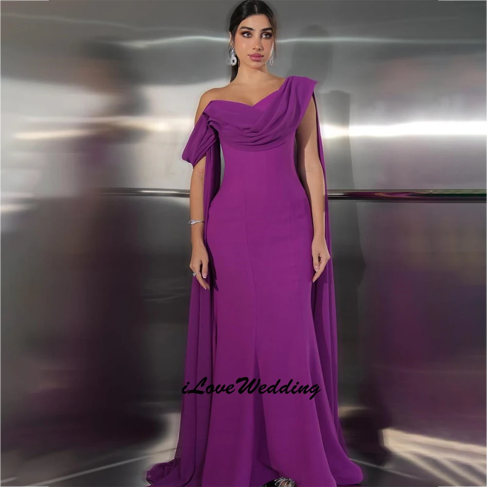 

Attractive Prom Dresses Long Purple Crepe Evening Dresses with Ribbon Mermaid Lace Up Back Pleated Watteau Train 2025 Customized