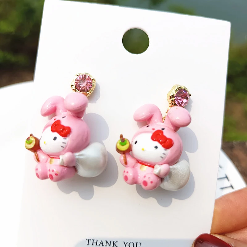 Sanrio Strawberry Hello Kitty Resin Earrings Cute Drag Cat Girl DIY Fashion 925 Silver Earrings Earrings Lovers Birthday Gifts