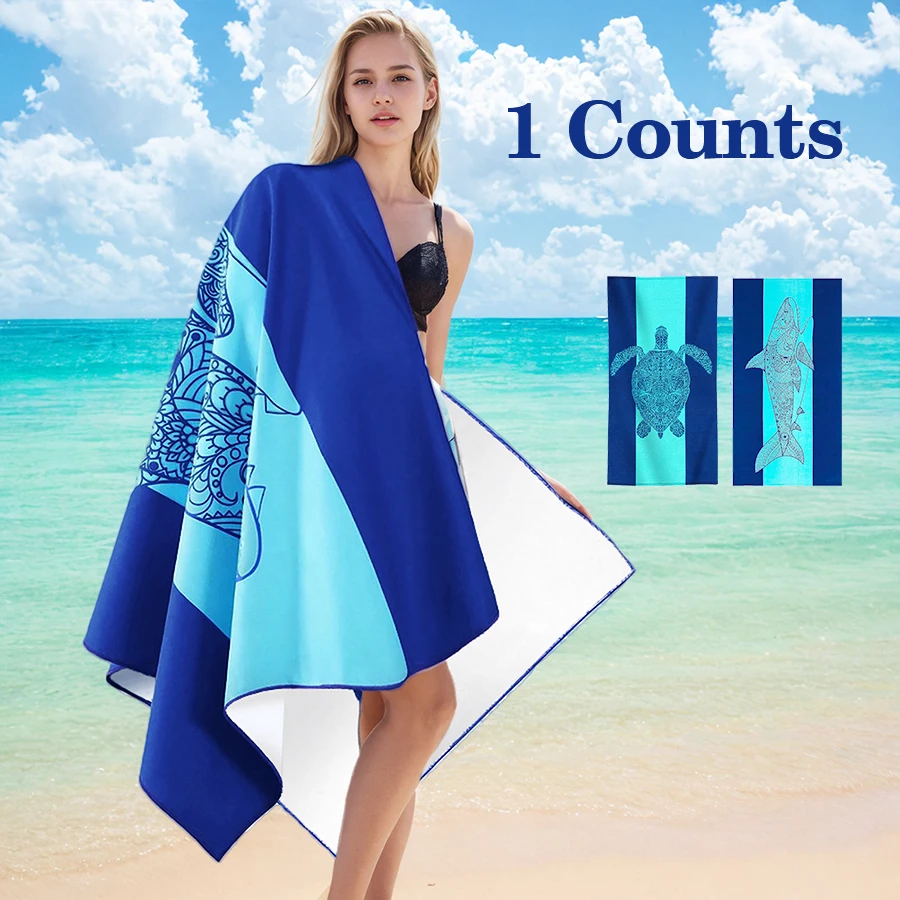 Oversized Beach Towel 90x180cm Absorbent Fast Drying Shark Sea Turtle Print Bath Towel for Home Shower Pool Party Resort Travel