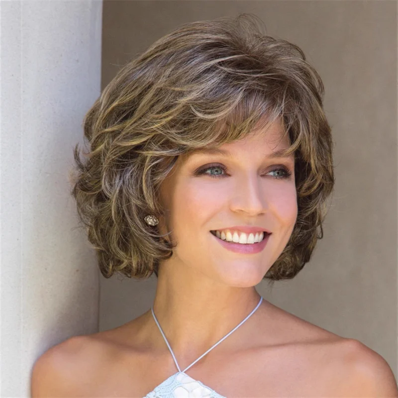 European American style , fashionable short curly for women, middle-aged and elderly brown-gold dyed wigs