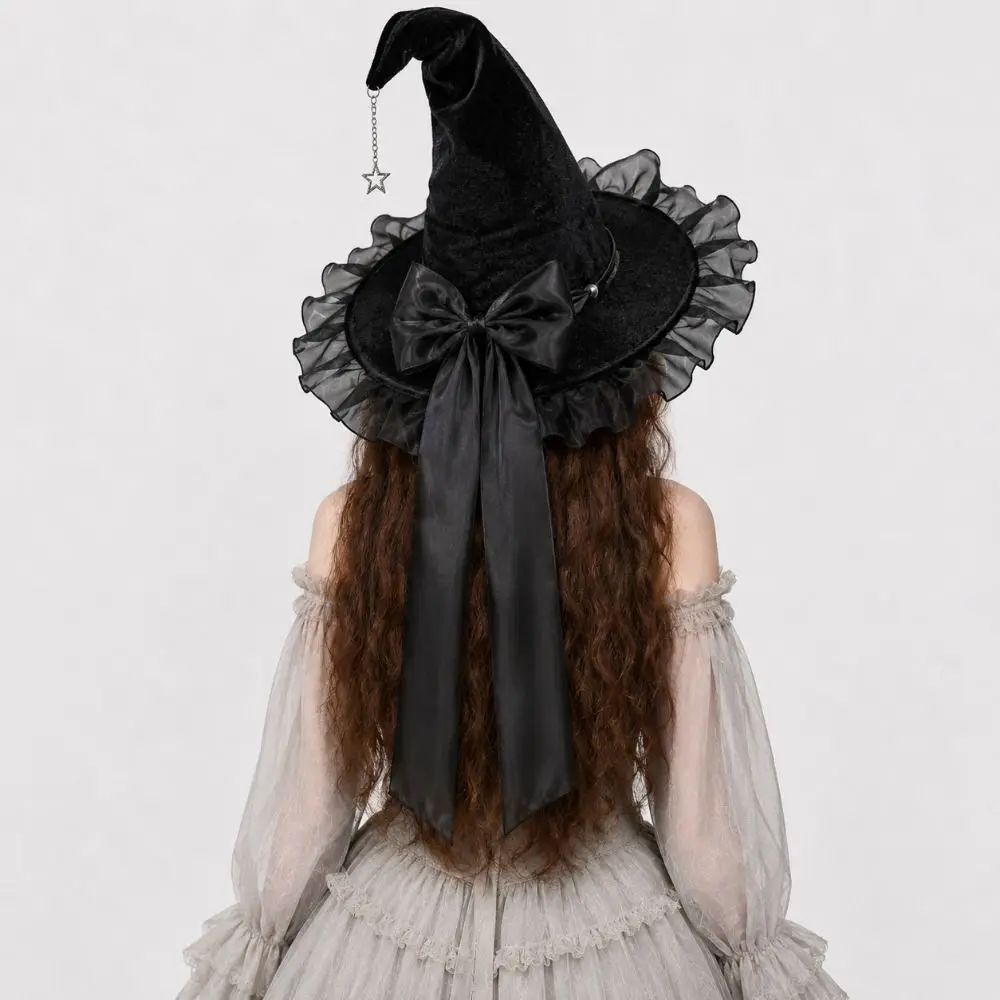 Party Props Satin Bow Halloween Hat Lace Veil Wizard Cap Star Pendant Tall Pointed Cone Top Cosplay Accessories Cosplay Event
