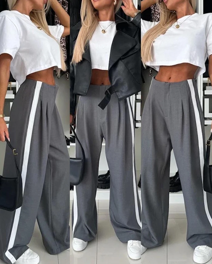 

Women's Clothing Pants Trendy Elegant Work Outfit High Waist Wide Leg Pants Loose Fit Contrast Paneled Trousers Suit Pants