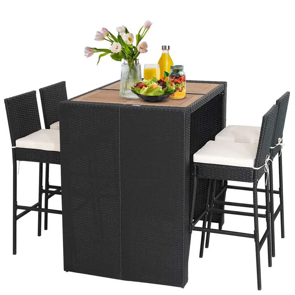 

5 Piece Patio Wicker Bar Set, Patiojoy Outdoor Acacia Wood Bar Height Table amp 4 Rattan Bar Stool Chairs with Backrest and Foo