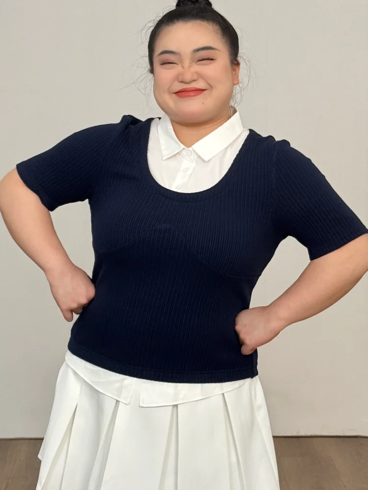 

Slimming Summer ort Sve Fake Two-Piece Simple Sle Versatile Hot Girl Top by Fu n Bo Er in plus Size for plus Size Women