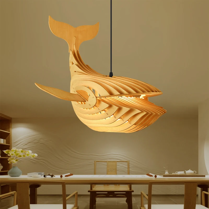 Creative Personality Restaurant Chandelier Wooden Art Whale Modeling Light Log Wind Art Homestay Living Room Lighting