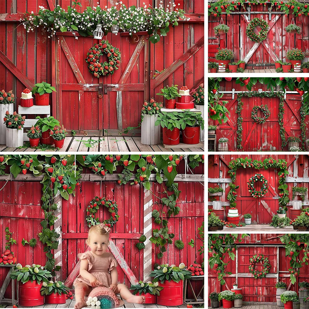 Summer Sweet Strawberry Girl Birthday Party Background Red Rustic Wooden Door Backdrop Newborn Baby Show Stuido Photoshoot Prop