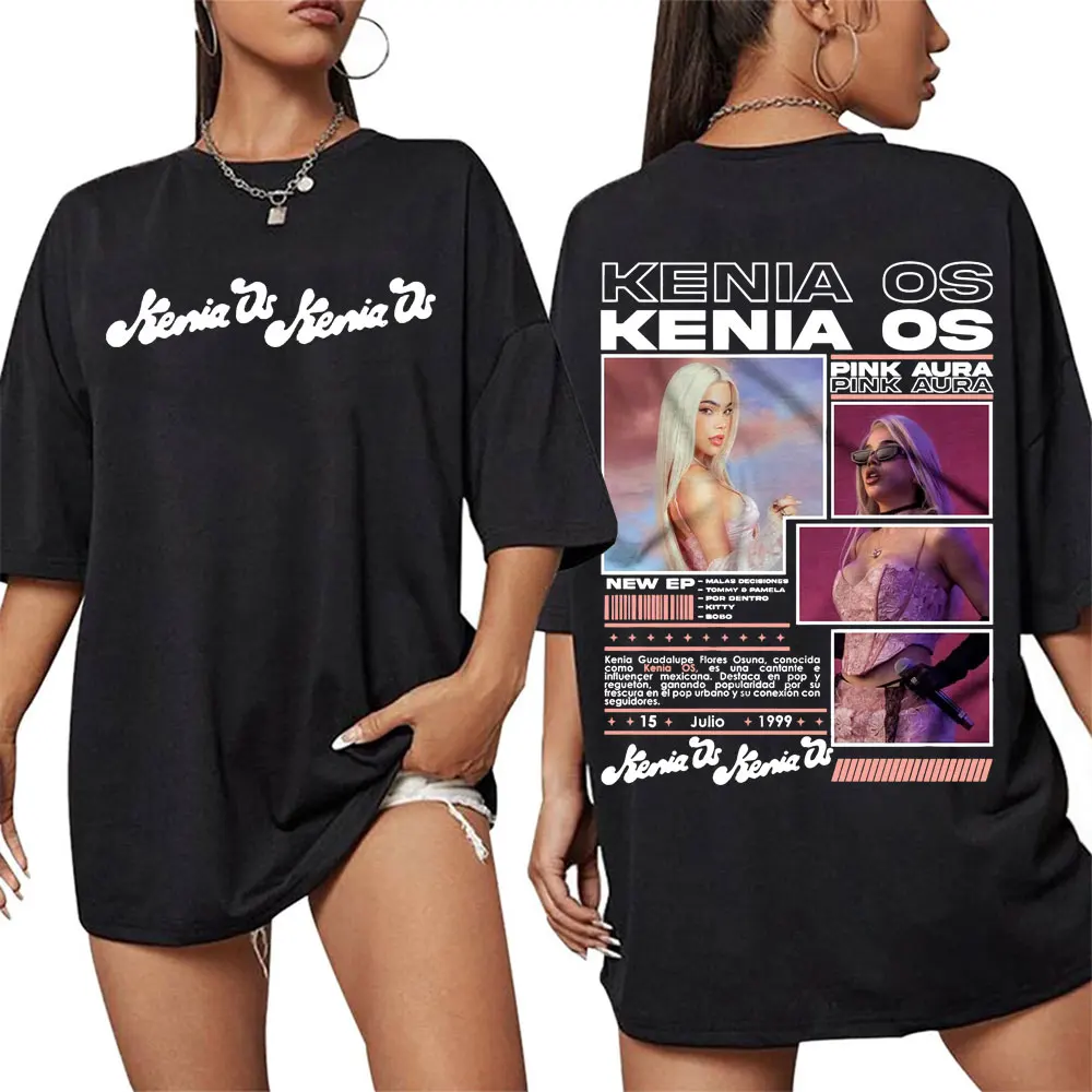 تي شيرت Kenia Os Pink Aura Tour 2025 جرافيك 100 قطن خالص مطبوع تي شيرت للرجال والنساء ملابس عصرية جمالية فضفاضة كبيرة الحجم