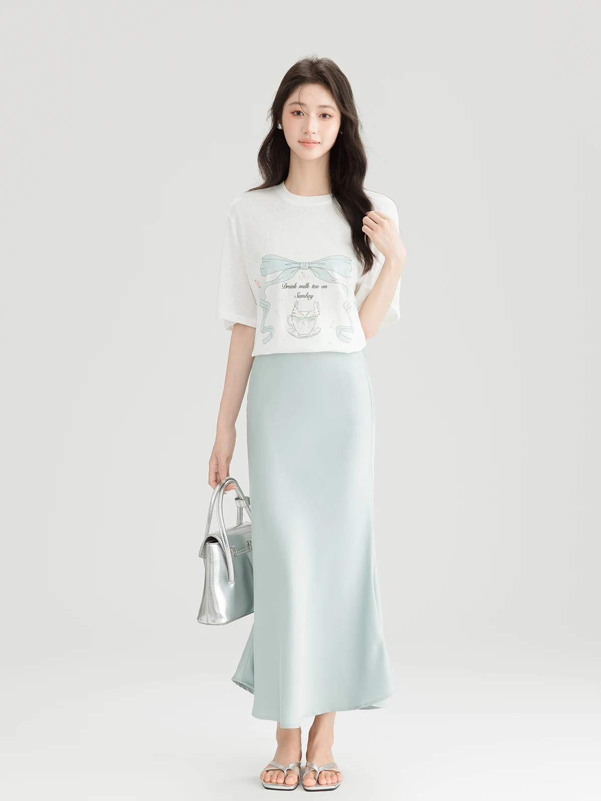 

Mening Summer New round Ne Print ort Sve Mint een Satin f Skirt High Waist Slimming f Skirt Two Piece Set