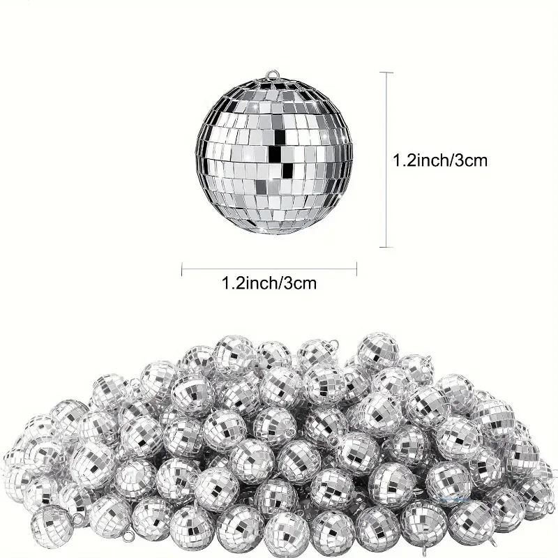100Pcs 1.2 Inch Mirror Disco Balls Ornament Mardi Gras Mini Small Disco Reflective Ball Hanging Decoration for 70s Disco Parties