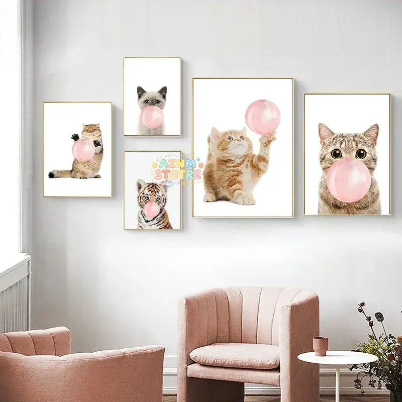 Nordic Wall Art Cat Tiger Cub pink Balloon Bubble Gum Canvas Poster Nursery Print Painting Picture Children Bedroom Decor