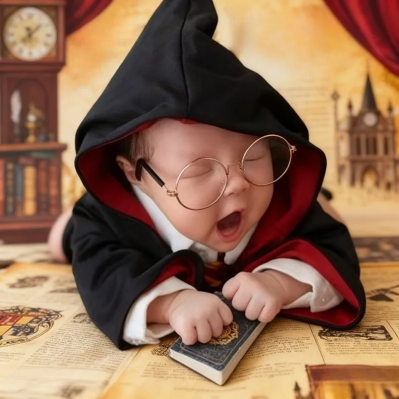 2pcs Set Newborn Photography Prop Magician Costume- Unisex Baby Cloak Cape with Glasses for Kids Photo Shoot, Birthday Party