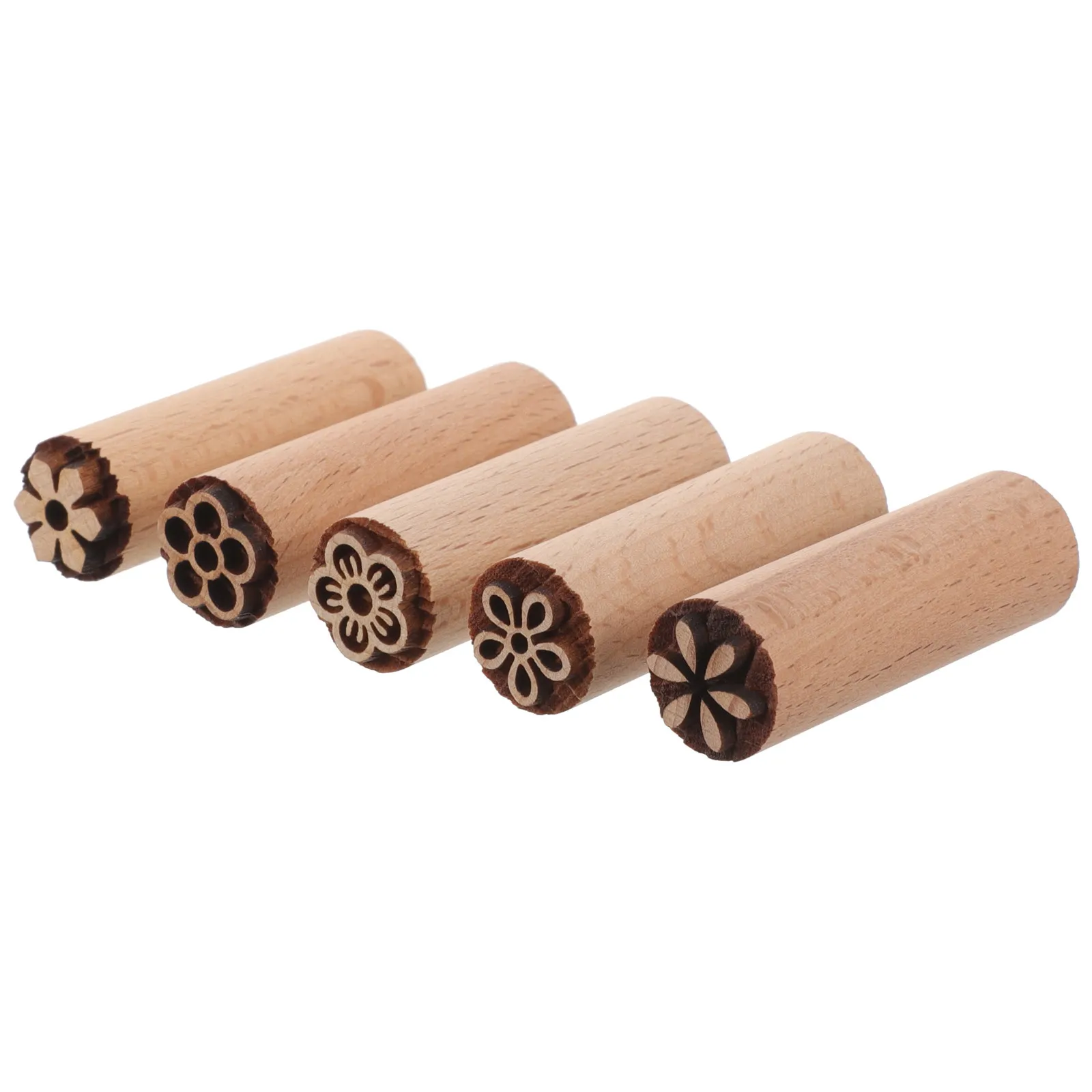 Wooden Flower Stamps 5 Piece Set Natural Wood Floral Craft Stamps for Scrapbooking Planners DIY Decor