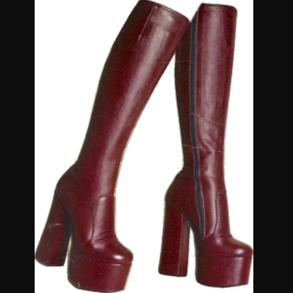 Burgundy Side Zipper Boots Knee High Platform Spike High Heel Shoes for Women Round Toe High Heels 2023 New Zapatos Para Mujere