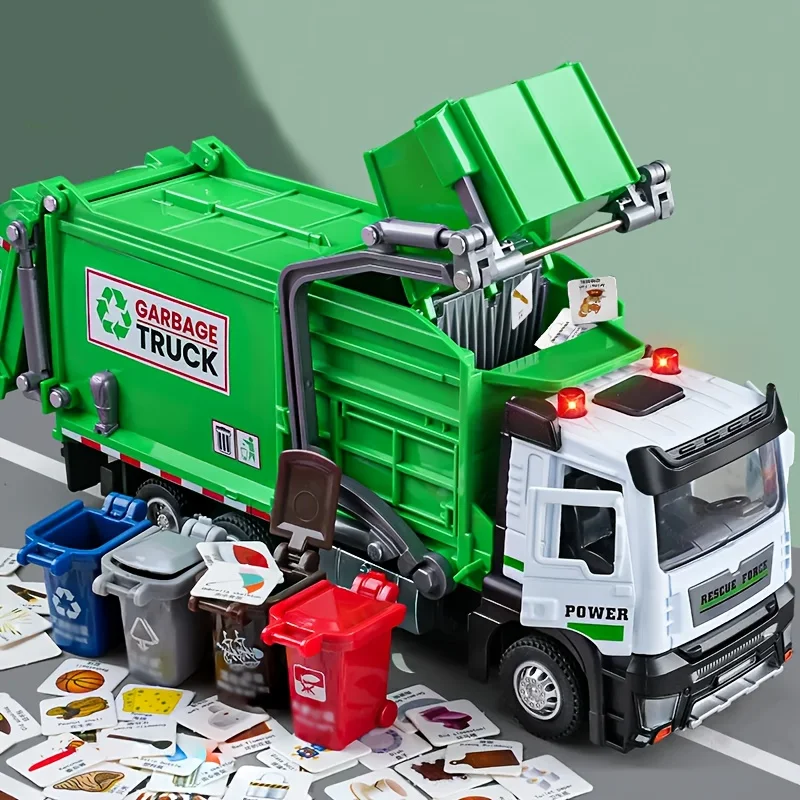 Alloy Driver's Room Sanitation Vehicle Toy Set - with Sound and Light Effects, Simulation Garbage Truck Model with 4 Trash Cans