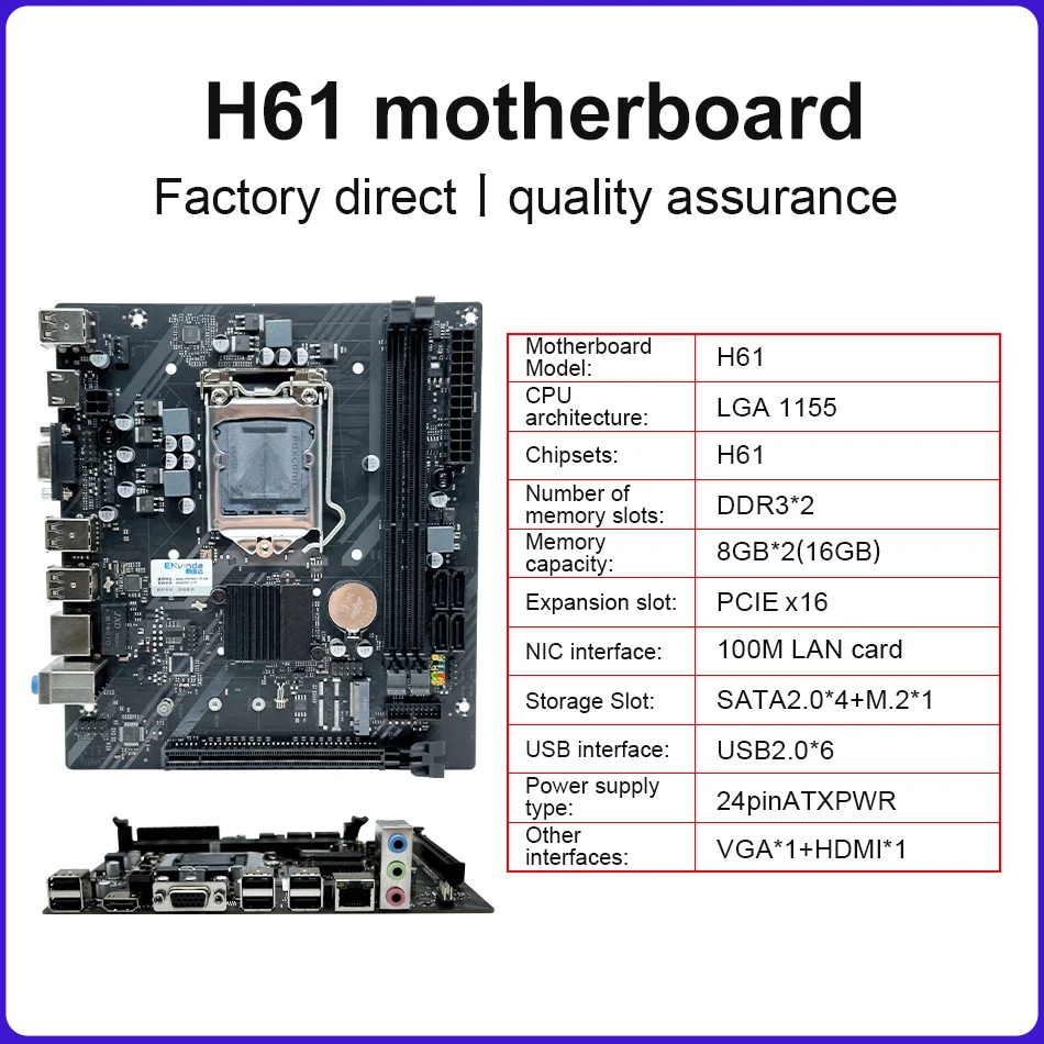 ENVINDA H61 Motherboard LGA 1155 Kit Compatible With Intel Core CPU 2nd And 3rd Generations Supports M.2 NVME SDD