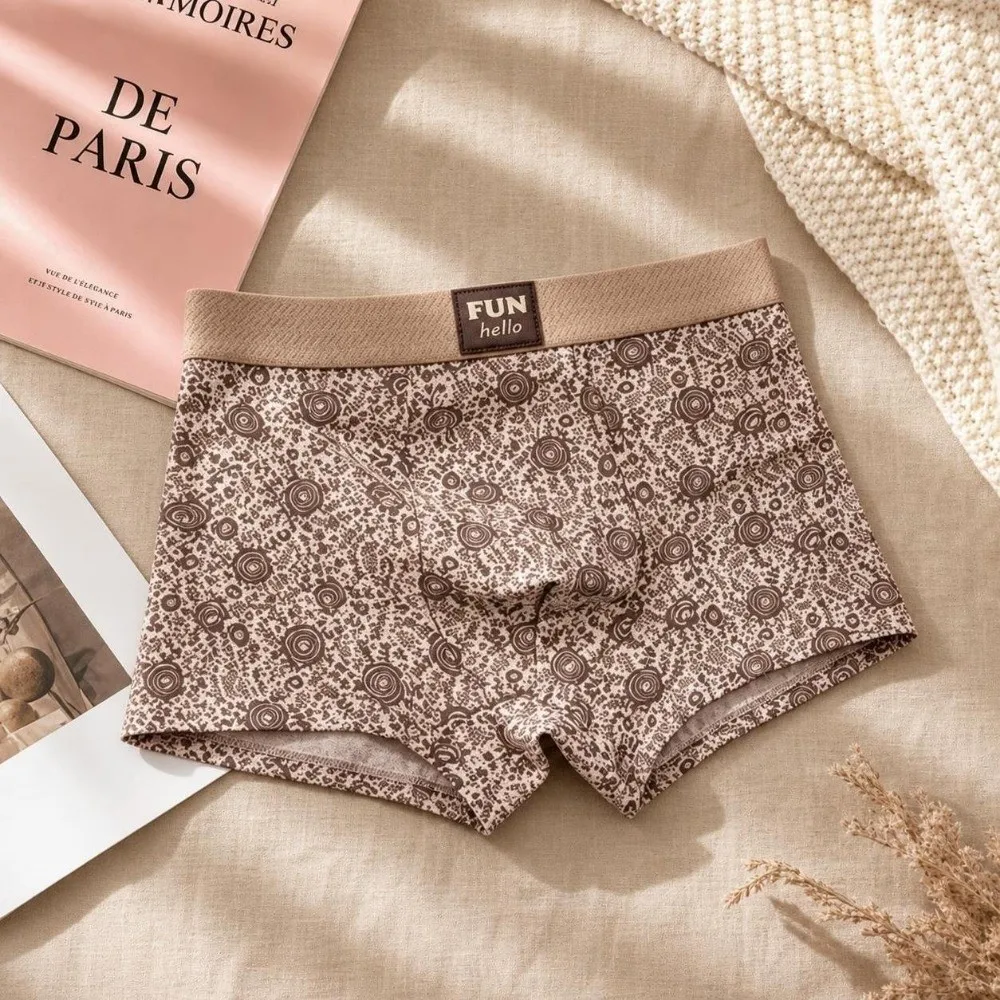Soft Mid Waist Boxer Briefs Lingerie Rose Floral Print Men's Underwear Panties Classical Men's Boxers Daily Wear