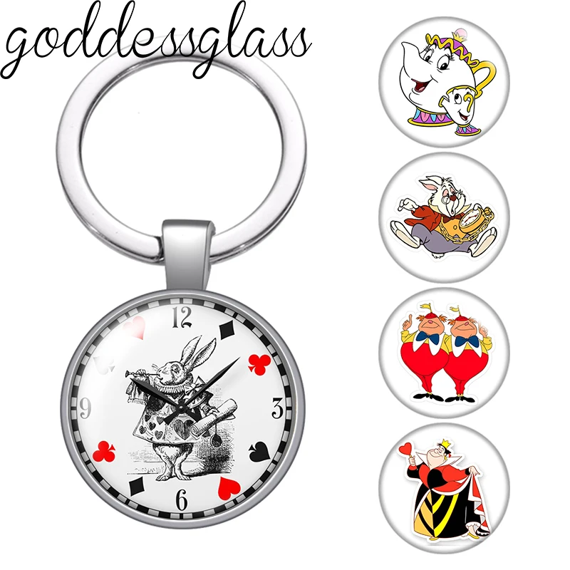 Alice in Wonderland Cat Cup Mouse Rabbit Photo glass cabochon keychain Bag Car key chain Ring Holder Charms keychain gift