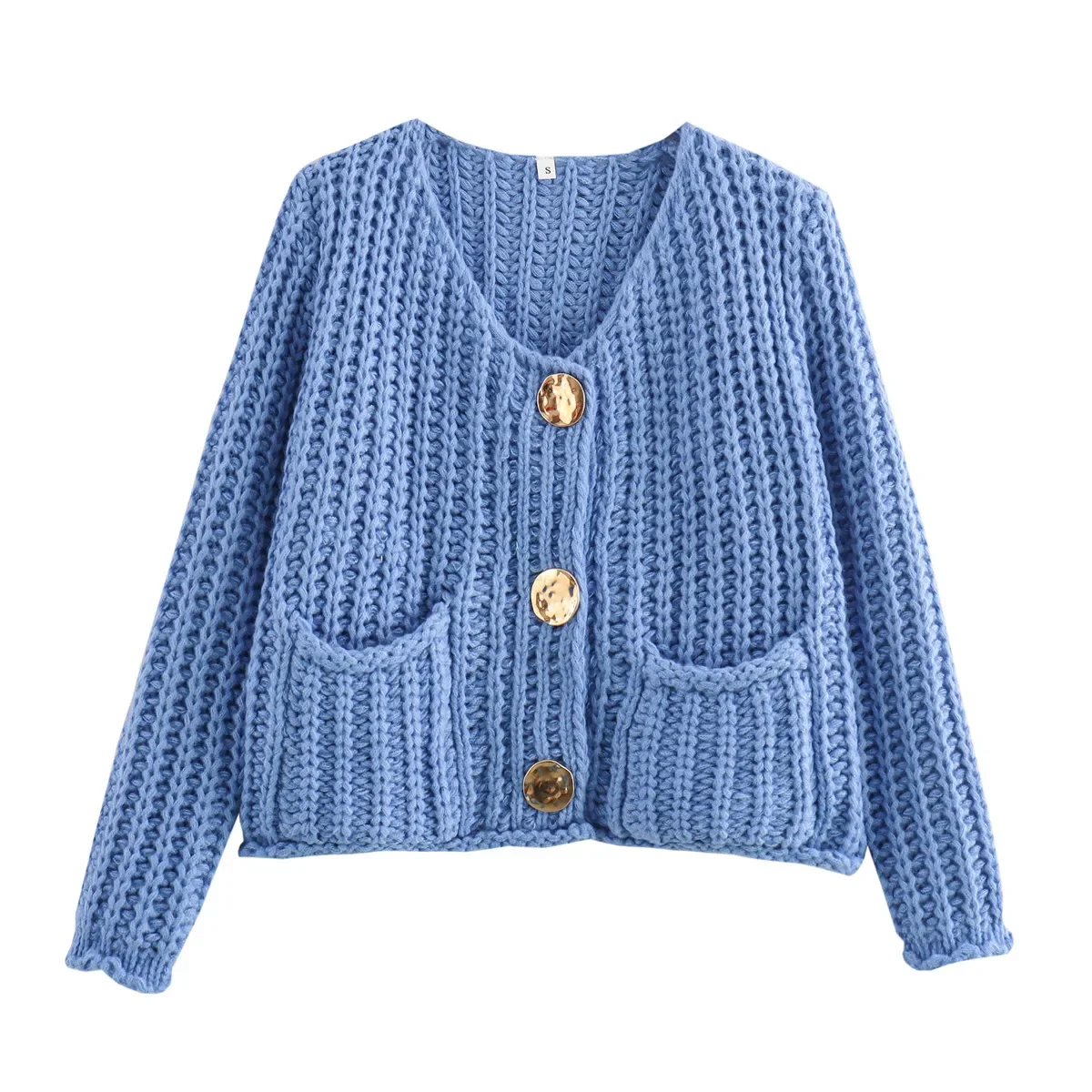 

Women's Clothing Casual Solid Color Loose V-neck Sweaters Autumn Winter New Chic Button Vintage Pockets Knitted Cardigan