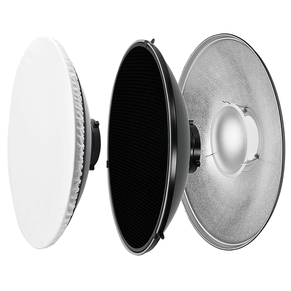 Godox Reflector de plato de belleza de montaje Bowens plateado/blanco, rejilla de panal y cubierta de difusor suave para estroboscópico de Flash de estudio, 55cm, 22"