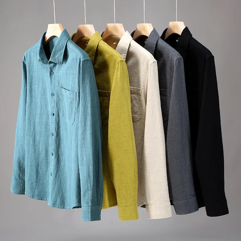 

Ramie Cotton Blend Shirts For Men Long Sleeve Loose Fit All Match Spring Quality Soft Comfortable Casual Solid Camisas De Hombre
