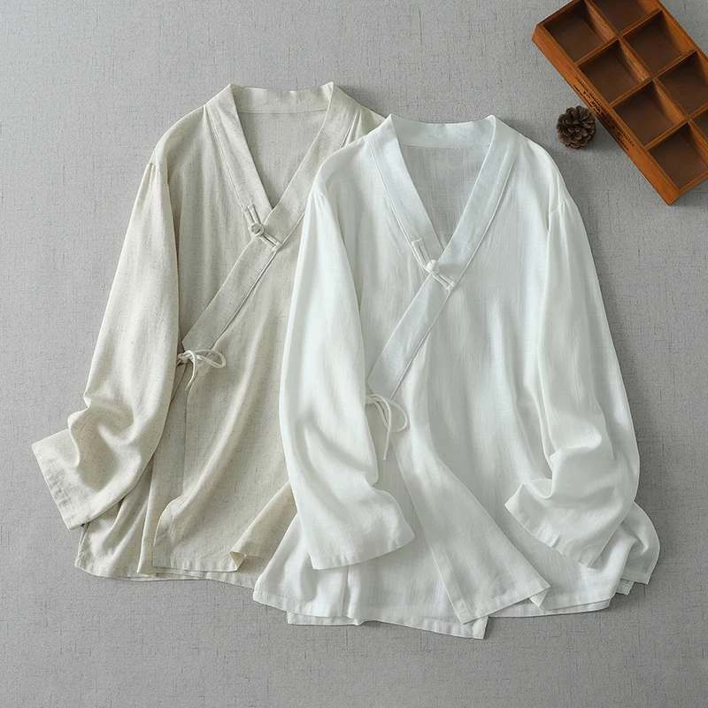 Retro Chinese Style Zen Shirt Loose Fit Unisex Long Sleeve Pure Color Button up Top Men's Women's Modified Hanfu Upperwear