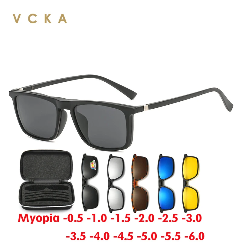 

VCKA 6 In 1 Optical Prescription Polarized Myopia Sunglasses Men Women Magnetic Clip On Glasses TR90 Eyeglass Frames -0.5 ~ -10