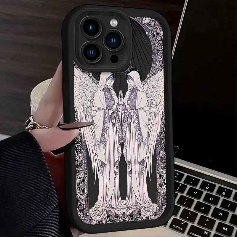 Soft Liquid Silicone Phone Case for iPhone 15 14 13 12 11 Pro Max XS X XR 8 7 6S 6 Plus SE 2020 Luxury Punk Black Angel Cover