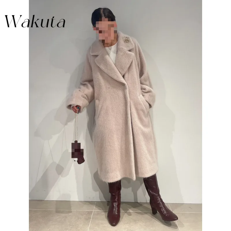 Wakuta-chaquetas de manga larga con solapa Retro japonés, elegante, suelto, longitud media, lana, moda de viaje, mezclas de Tweed