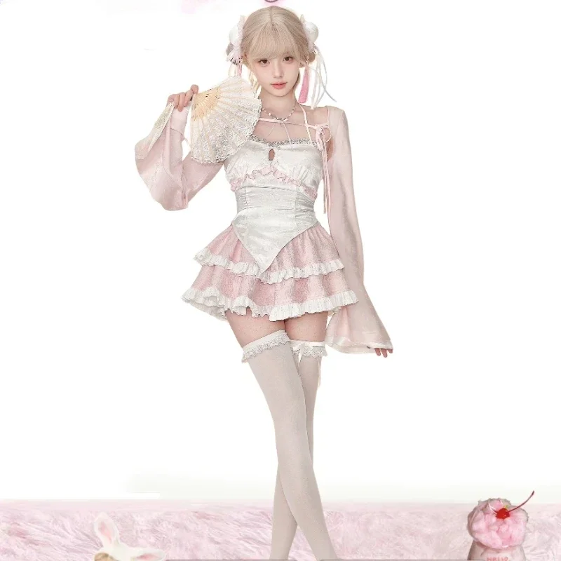 

Japanese Sweet Lolita Style Dress Set For Women With An Asymmetrical Halter Top And Ruffled Y2k Gentle Mini Cake Skirt