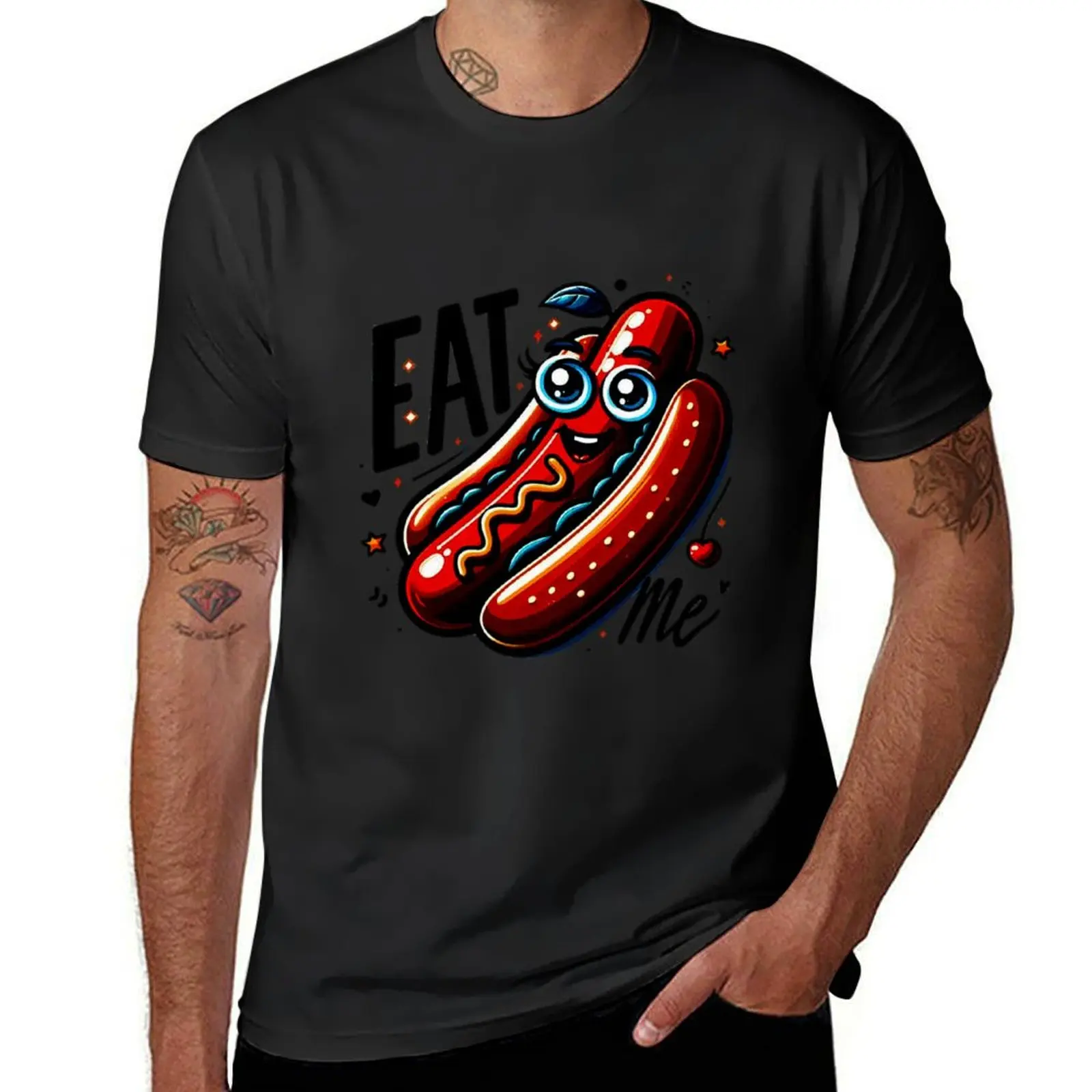 smiling hotdog with attractive eyes and the phrase “eat me” in abstract illustration style T-Shirt boys animal print T-shirt men