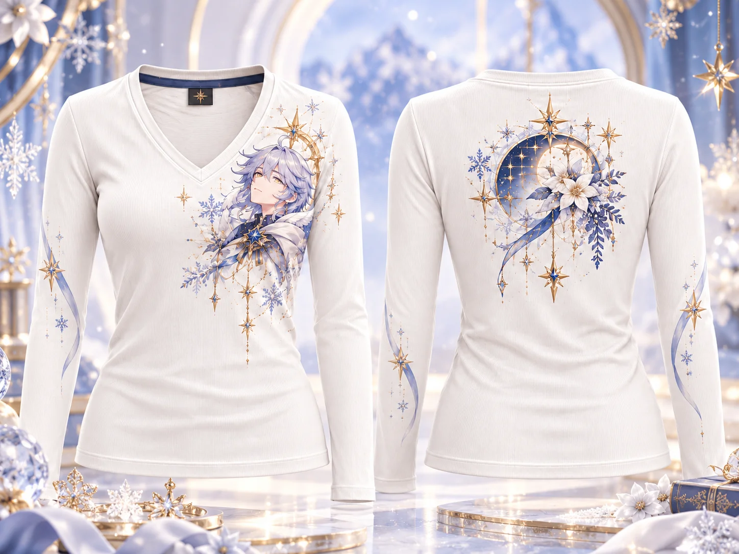 Honkai Star Rail Robin Sunday Anime V Neck Long Sleeve Shirt Slim Fit Snowflake Graphic Winter Streetwear Top