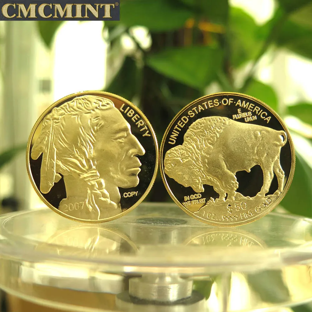 عملات معدنية قابلة للجمع سعة 1 أونصة من النحاس المطلي بالذهب على شكل رأس هندي بوفالو