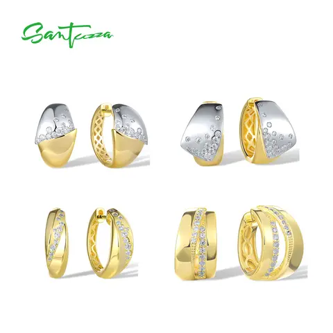 SANTUZZA Real 925 Sterling Silver Loop Earrings For Women Sparkling Two-Tone Design Dot Pattern Pave CZ Daily Wear Fine Jewelry