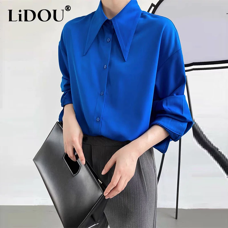 Spring Autumn Office Lady Solid Long Sleeve Blouse Button Up Bottoming Shirt Female Clothes Simple All-match Top Women Blusa