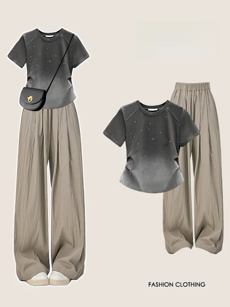 

plus Size Casual Pants Sparkling Rhinestone Slim Fit High Waist Thin Cotton T-Shirt Korean Style Commute Fashion Set Summer C...