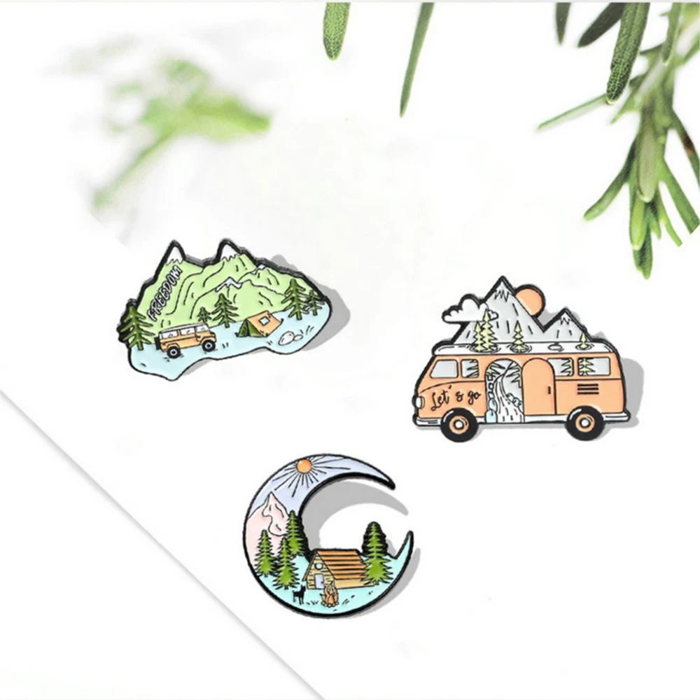 Go Camping Enamel Pins Custom Mountain Moon Tent Motorhome Brooches Shirt Lapel Badge Bag Outdoors Jewelry Gift for Kids Friends