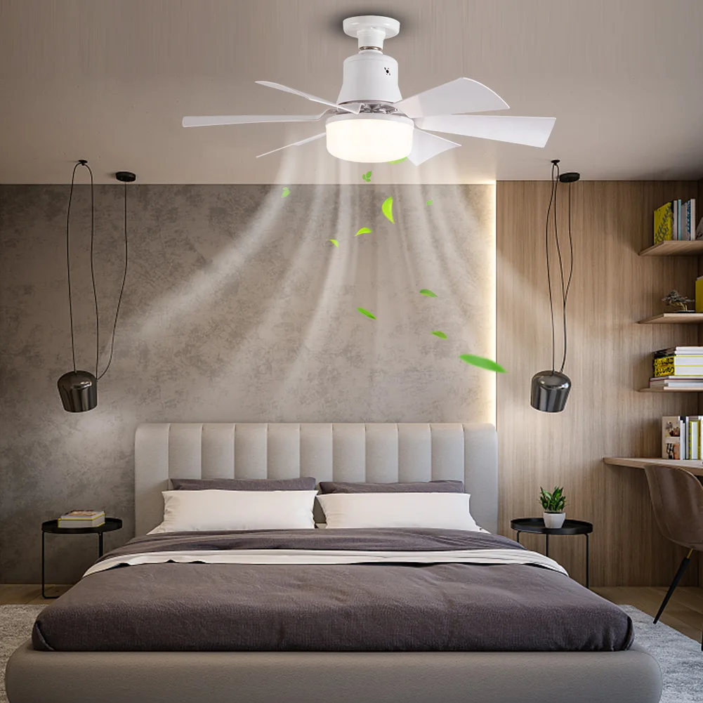 

Ceiling Fan Light with Remote Socket Ceiling Fan Timing Light Bulb Fan 3 Gear Wind Speed 6 Blades for Living Room Bedroom